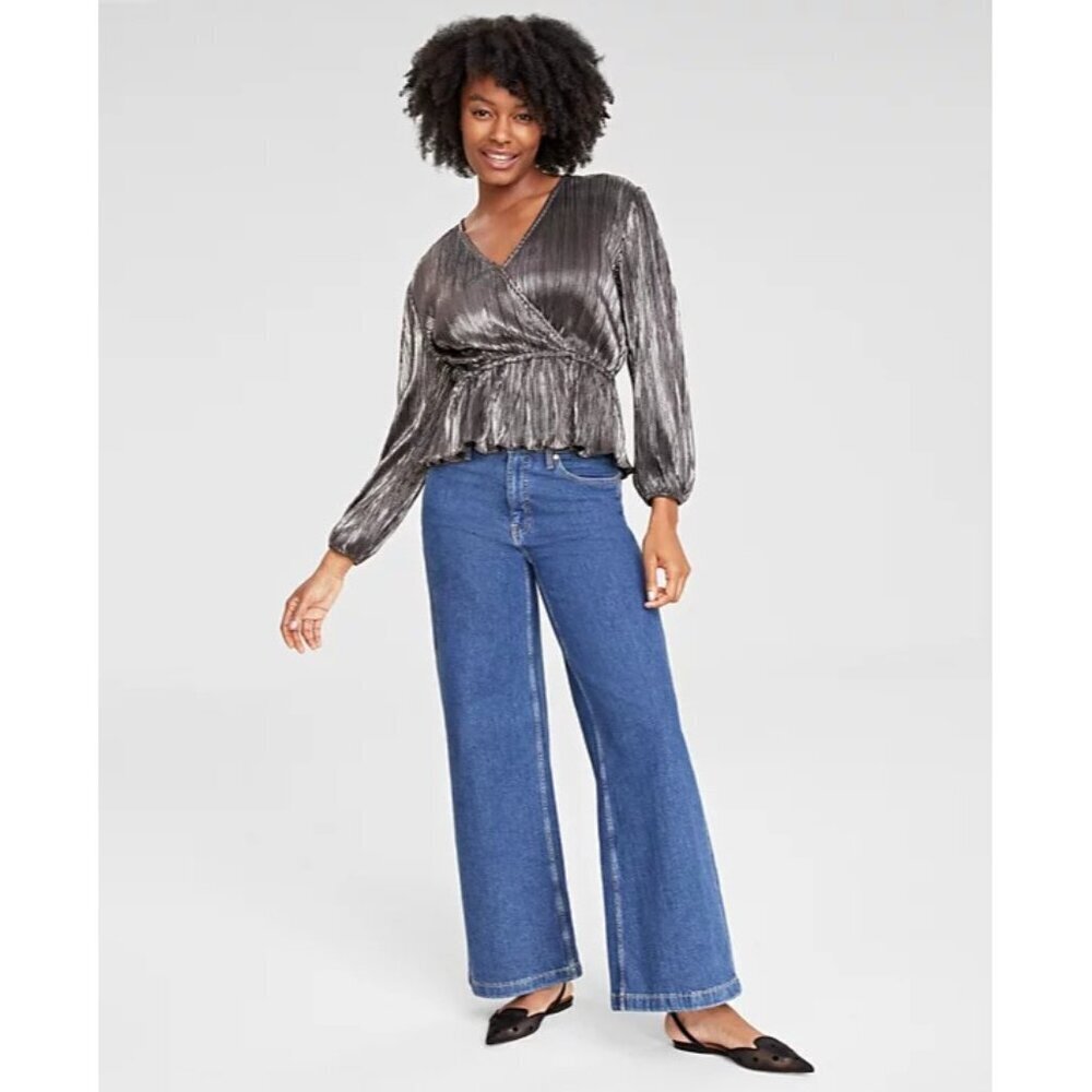 On 34th Womens Plus Size 3X Metallic Plissé Surplice-Neck Peplum Top $49 1299